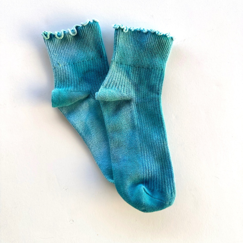 Deep Teal Ruffle Socks Spruce Green Tie Dye Mid Crew Socks Ice Dye Hand Dyed